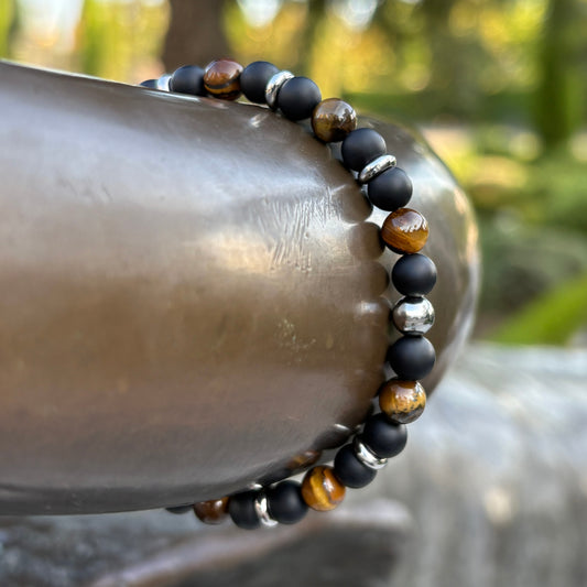 Stretcharmband Onyx, Tigerauge & Edelstahl